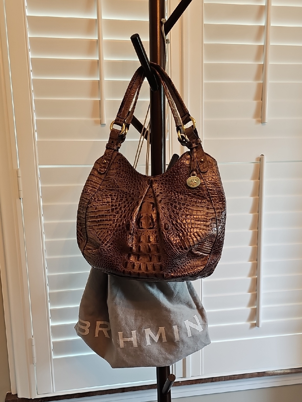 Brahmin Chocolate Brown Croc-Embossed Leather Hobo